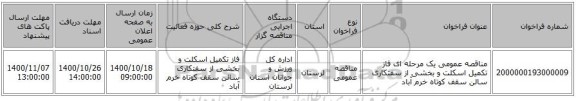 مناقصه عمومی یک مرحله ای فاز تکمیل اسکلت و بخشی از سفتکاری سالن سقف کوتاه خرم آباد 