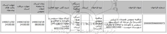 مناقصه عمومی همزمان با ارزیابی (فشرده) یک مرحله ای اجرای پروژه سرویس و نگهداری و اتفاقات و عملیات شهرستان مروست - 603/153/1400