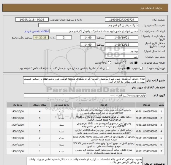 استعلام انواع رادیاتور آب مورتور طبق شرح پیوست - تمامی ایران کدهای مربوطه فرضی می باشد لطفا بر اساس لیست پیوست فنی ومالی بارگزاری گردد  .