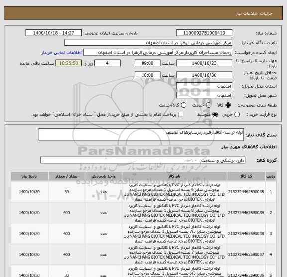 استعلام لوله تراشه کافدارفنرداردرسایزهای مختلف