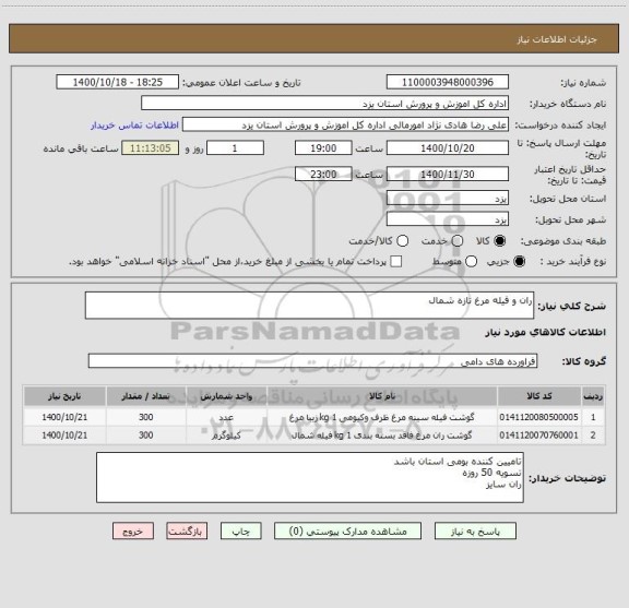 استعلام ران و فیله مرغ تازه شمال