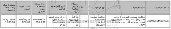 مناقصه عمومی همزمان با ارزیابی (فشرده) یک مرحله ای اجرای پروژه تعویض سیم به کابل شهرستان نیر - 1400