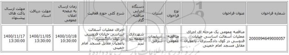 مناقصه عمومی یک مرحله ای اجرای عملیات آسفالت اساسی خیابان قدوسی در کوی دادگستری ، یاغچیان مقابل مسجد امام خمینی 