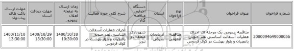 مناقصه عمومی یک مرحله ای اجرای عملیات آسفالت اساسی نصر جنوبی یاغچیان و    بلوار بهشت در کوی فردوس  