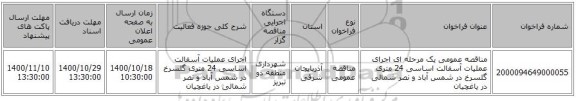 مناقصه عمومی یک مرحله ای اجرای عملیات آسفالت اساسی 24 متری گلسرخ در شمس آباد و نصر شمالی در یاغچیان  