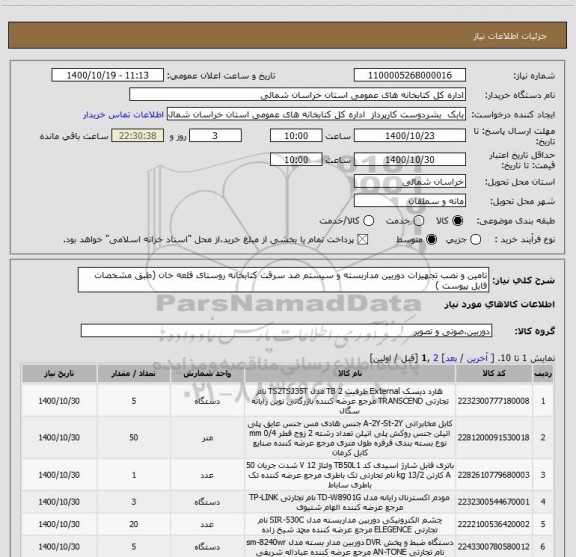 استعلام تامین و نصب تجهیزات دوربین مداربسته و سیستم ضد سرقت کتابخانه روستای قلعه خان (طبق مشخصات فایل پیوست )