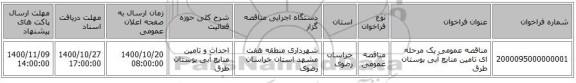 مناقصه عمومی یک مرحله ای تامین منابع آبی بوستان طرق