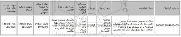 مناقصه عمومی همزمان با ارزیابی (فشرده) یک مرحله ای واگذاری عملیات مربوط به برون سپاری بهره برداری و اتفاقات اداره توزیع برق امام زاده هاشم