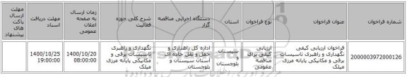 فراخوان ارزیابی کیفی نگهداری و راهبری تاسیسات برقی و مکانیکی پایانه مرزی میلک