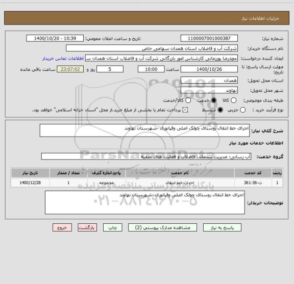 استعلام اجرای خط انتقال روستای چولک اصلی وقپانوری -شهرستان نهاوند