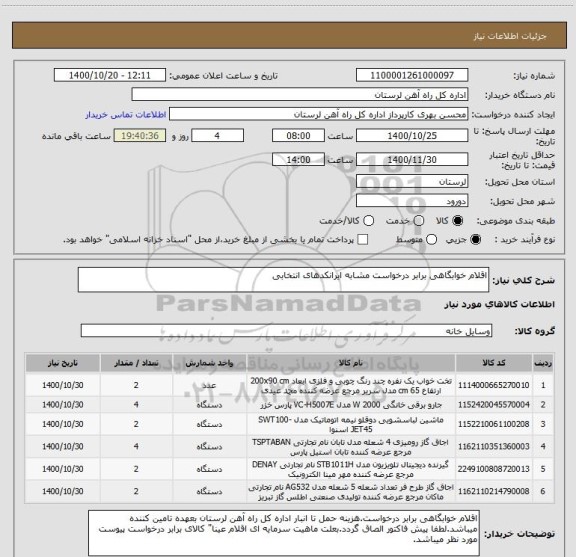 استعلام اقلام خوابگاهی برابر درخواست مشابه ایرانکدهای انتخابی