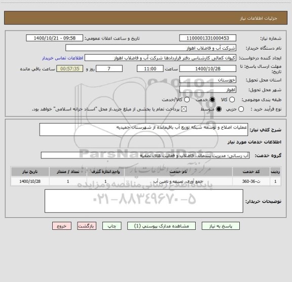 استعلام عملیات اصلاح و توسعه شبکه توزیع آب باقیمانده از شهرستان حمیدیه