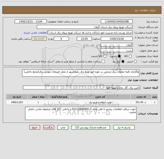 استعلام واگذاری کلیه عملیات برق رسانی در حوزه امور توزیع برق رضوانشهر از محل اعتبارات عوارض برق(منابع داخلی)