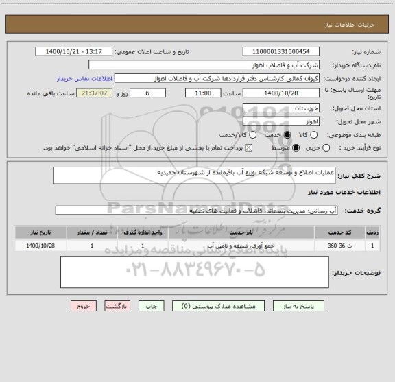 استعلام عملیات اصلاح و توسعه شبکه توزیع آب باقیمانده از شهرستان حمیدیه