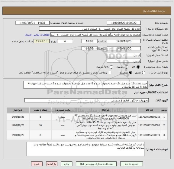 استعلام خرید تعداد 16 عدد مبل تک نفره تختخواب شو و 8 عدد مبل دو نفره تختخواب شو و 8 ست میز غذا خوری 4 نفره با شرایط پیوستی 