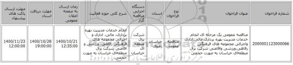 مناقصه عمومی یک مرحله ای انجام خدمات مدیریت بهره برداری،مالی،اداری واجرائی مجموعه های فرهنگی رفاهی،ورزشی واقامتی شرکت برق منطقه‌ای خراسان به صورت حجمی