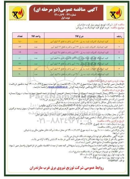 مناقصه کلید اتوماتیک کامپکت ثابت سه پل و...