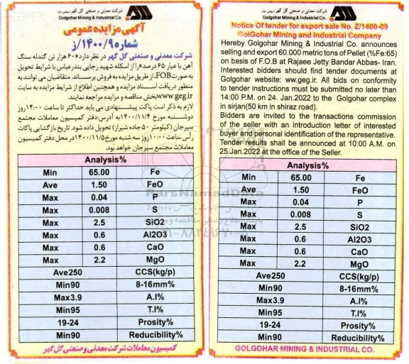 مزایده، مزایده فروش 60 هزار تن گندله سنگ آهن با عیار 65 درصد 