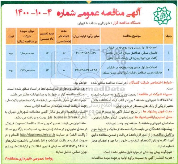 مناقصه احداث فاز اول مسیر ویژه دوچرخه 