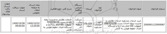 خرید خدمات مشاوره خدمات نظارتی و مدیریت پروژه احداث پست 400/132/20 کیلوولت GIS امام رضا (ع) و ایستگاه اتصال خطوط هوایی به کابلی