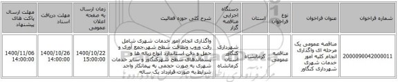 مناقصه عمومی یک مرحله ای واگذاری انجام کلیه امور خدمات شهری شهرداری کنگاور  