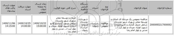 مناقصه عمومی یک مرحله ای اصلاح و توسعه معابر شهری شهر بجستان شامل جدول گذاری و کانیو خیابان شهید اولیاء ،میدان  و بلوار آیت ا... مدنی و بلوار امام رضا