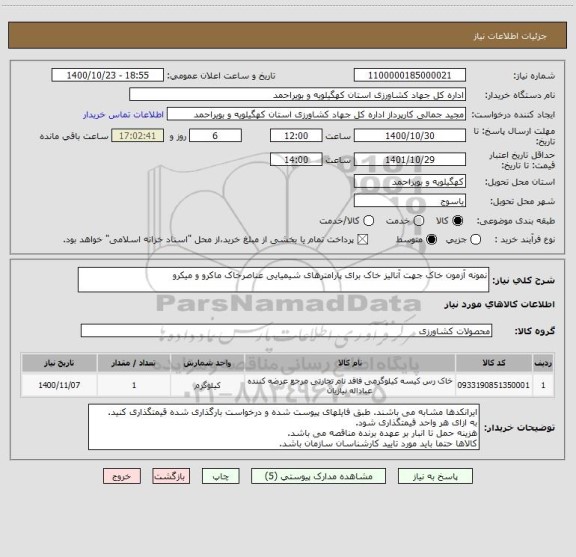 استعلام نمونه آزمون خاک جهت آنالیز خاک برای پارامترهای شیمیایی عناصرخاک ماکرو و میکرو