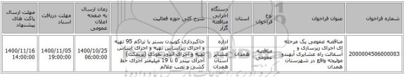 مناقصه عمومی یک مرحله ای اجرای زیرسازی و آسفالت راه عشایری آبهندو مولیجه واقع در شهرستان همدان