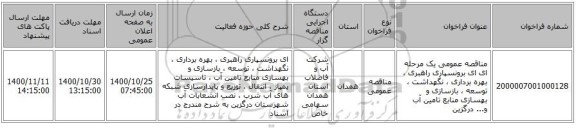 مناقصه عمومی یک مرحله ای ای برونسپاری راهبری ، بهره برداری ، نگهداشت ، توسعه ، بازسازی و بهسازی منابع تامین آب و... درگزین