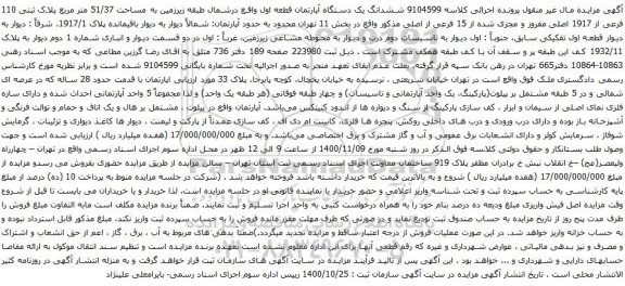 آگهی مزایده ششدانگ یک دستگاه آپارتمان قطعه اول واقع درشمال طبقه زیرزمین به مساحت 51/37 متر مربع