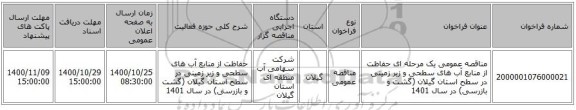 مناقصه عمومی یک مرحله ای حفاظت از منابع آب های سطحی و زیر زمینی در سطح استان گیلان (گشت و بازرسی) در سال 1401 