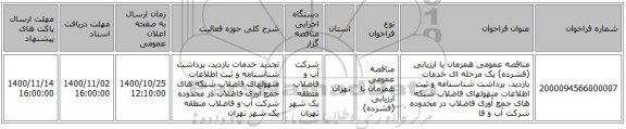 مناقصه عمومی همزمان با ارزیابی (فشرده) یک مرحله ای خدمات بازدید، برداشت شناسنامه و ثبت اطلاعات منهولهای فاضلاب شبکه های جمع آوری فاضلاب در محدوده شرکت آب و فا