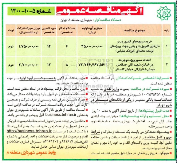 مناقصه خرید دریچه های کامپوزیت و دال های کامپوزیت و بتنی ...