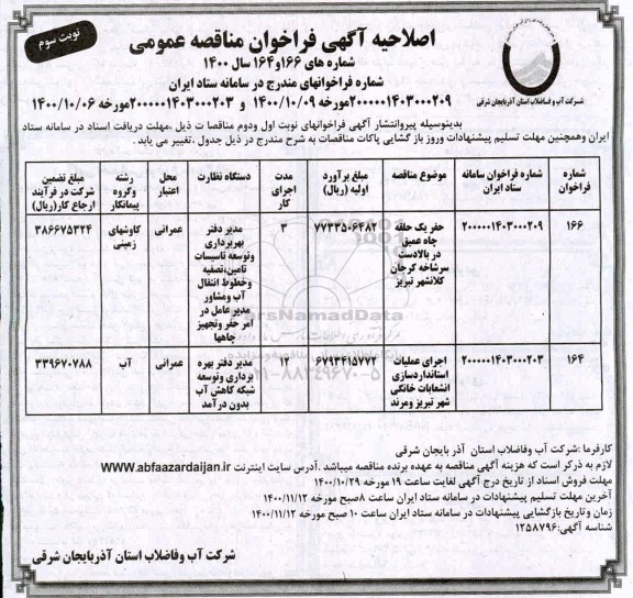 اصلاحیه فراخوان مناقصه حفر یک حلقه چاه عمیق ...- نوبت سوم 