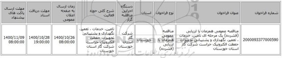 مناقصه عمومی همزمان با ارزیابی (فشرده) یک مرحله ای تامین، خدمات ، تعمیر، نگهداری و پشتیبانی تجهیزات حفظت الکترونیک حراست شرکت گاز استان خوزستان