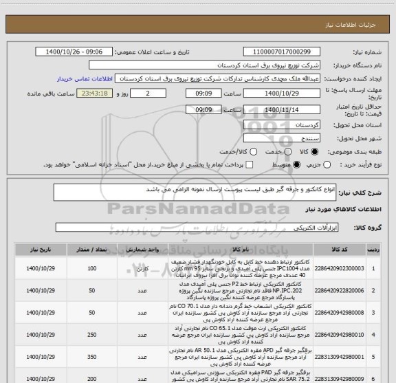 استعلام انواع کانکتور و جرقه گیر طبق لیست پیوست ارسال نمونه الزامی می باشد