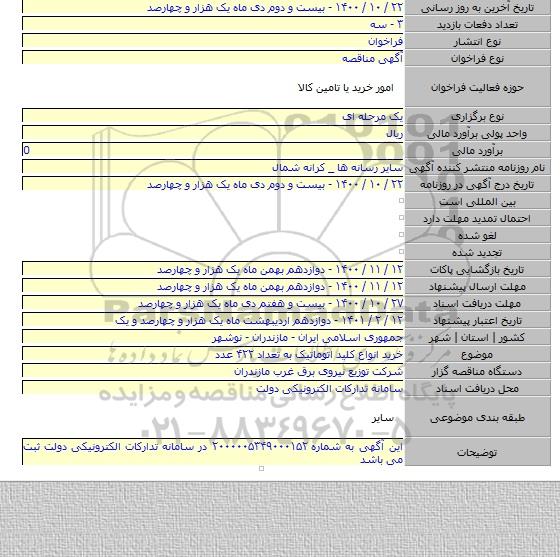 خرید انواع کلید اتوماتیک به تعداد ۴۲۲ عدد