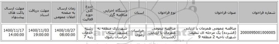 مناقصه عمومی همزمان با ارزیابی (فشرده) یک مرحله ای تنظیف شهری ناحیه 2 منطقه 9