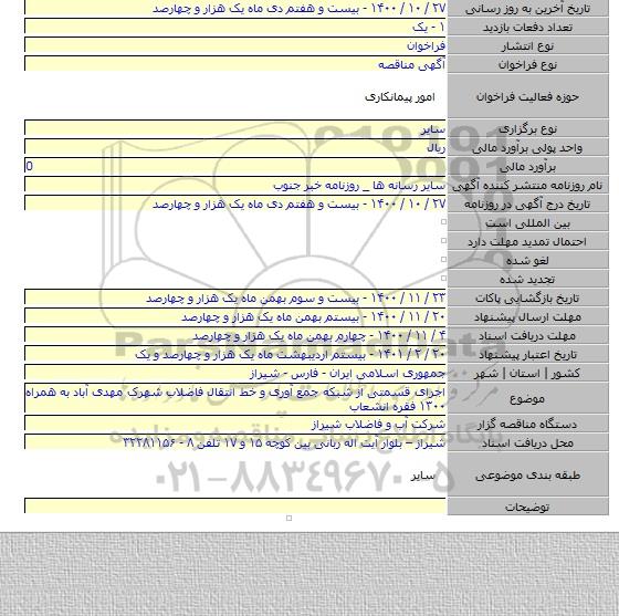 اجرای قسمتی از شبکه جمع آوری و خط انتقال فاضلاب شهرک مهدی آباد به همراه ۱۳۰۰ فقره انشعاب