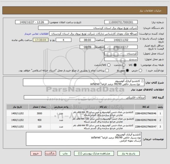 استعلام کابلشو آلیاژی آلومینیوم  
نوع بسیار خالص 99/99 درصد الزاما" sofamel
ارسال نمونه الزامی