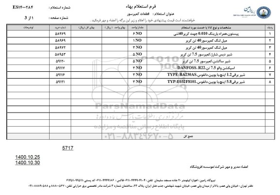 استعلام، استعلام  پیستون همراه با رینگ 0.010 جهت کریر 40 تنی و....