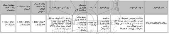 مناقصه عمومی همزمان با ارزیابی (فشرده) یک مرحله ای عملیات فنی و مهندسی و به زراعی فضای سبز ناحیه1شهرداری منطقه4 