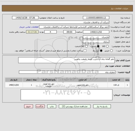 استعلام حفر گمانه چاه آب شرب کوچه حقیقت چالوس                                                                   