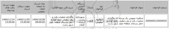 مناقصه عمومی یک مرحله ای واگذاری عملیات رفت و روب،تنظیف، جمع آوری و حمل پسماند منطقه چهار شهر رشت 