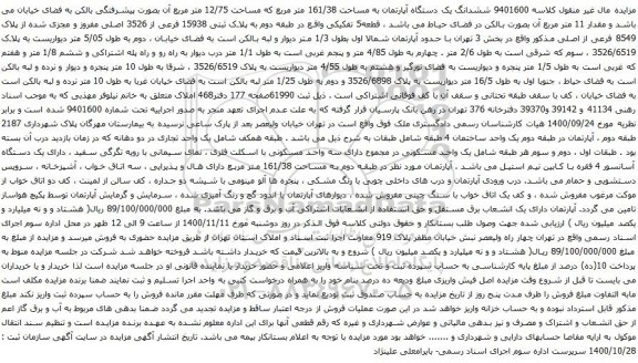 آگهی مزایده  ششدانگ یک دستگاه آپارتمان به مساحت 161/38 متر مربع که مساحت 12/75 متر مربع 