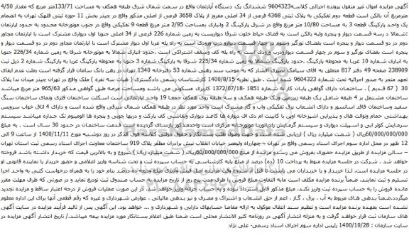 آگهی مزایده ششدانگ یک دستگاه آپارتمان واقع در سمت شمال شرق طبقه همکف به مساحت 133/71متر مربع