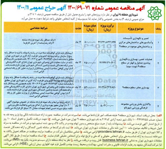 مناقصه، مناقصه تعمیر و نگهداری تاسیسات و آسانسورهای ساختمان های... 