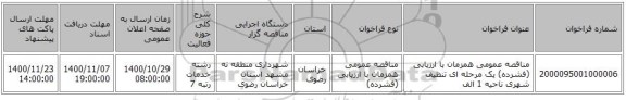 مناقصه عمومی همزمان با ارزیابی (فشرده) یک مرحله ای تنظیف شهری ناحیه 1 الف