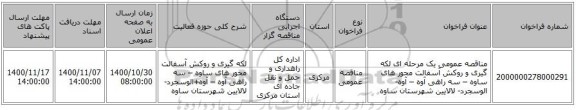 مناقصه عمومی یک مرحله ای لکه گیری و روکش آسفالت محور های ساوه – سه راهی آوه – آوه-الوسجرد- لالایین شهرستان ساوه 