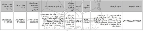 مناقصه عمومی یک مرحله ای زیرسازی وآسفالت محورهای فرعی وروستایی رازقان–چمران،آقچه قلعه–گوچه منار،دروازه–میچینک،حریقان–ورکبار وعلیدرزی شهرستان ساوه(غرق